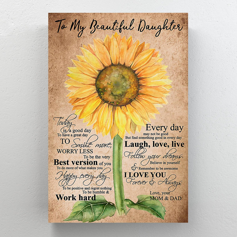 Tournesols sur fond brun - To My Beautiful Daughter - 1 pièce, impression d'art graphique rectangulaire sur toile tendue