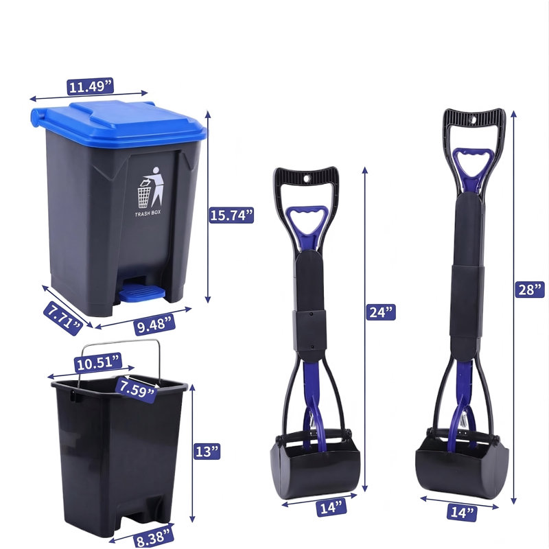 Paquet de 2 Poop Scooper avec poubelle à pédale 20L, pelles robustes à manche long de 28 po pour petits et grands chiens, seau intérieur amovible, 50 sacs à déchets, bleu