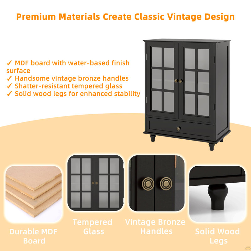 Buffet minimaliste noir avec portes à double vitrage et tiroir, armoire de rangement moderne en bois pour le salon, le vestibule et le vestibule (noir)