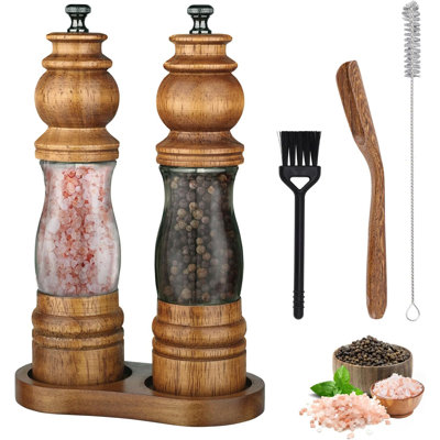 Ensemble moulin à sel et à poivre en bois d'acacia de 20 cm avec plateau en bois, brosses et cuillère