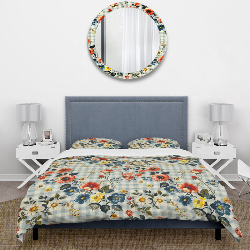 Ensemble de housse de couette à motif floral vichy orange et noir, Housse de couette pour grand lit + 2 taies décora