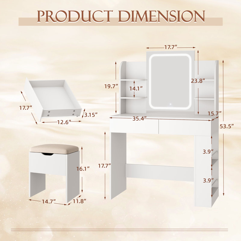 Bureau de coiffeuse avec miroir et lumières DEL, coiffeuse de maquillage avec 3 couleurs d'éclairage, luminosité réglable, coiffeuse avec 2 tiroirs, rangement latéral, pour la chambre à coucher