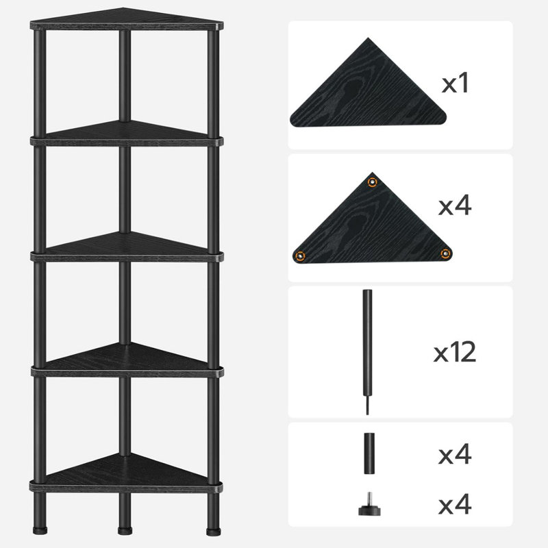 CornerCabinet Corner Bookcase, Black, (5 Shelves) 45.3"H x 11.8"W x 11.8"D.