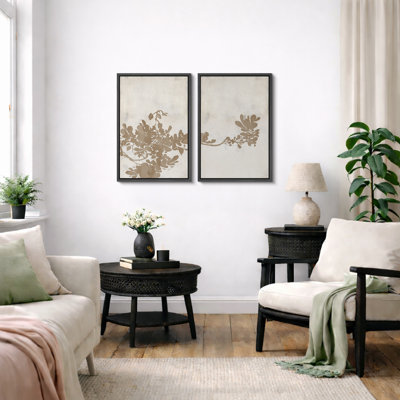 Leaves "Distressed Tan Brown Neutral Artwork, Classic Minimalist Wall Pictures, Framed Canvas Giclee Print 2 Pieces Wall Art Set" 16x24x2 pcs, 24x36x2 pcs