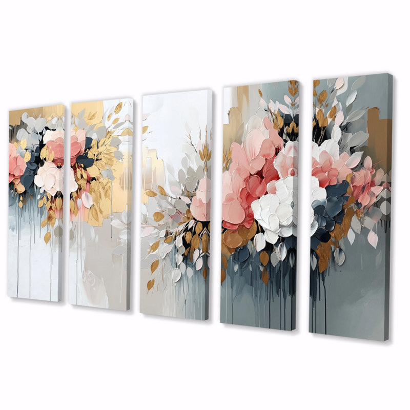 «White Gold Floral Brushstroke Abstract Paint VI», ensemble d'art mural sur toile, H 28 po x l 60 po