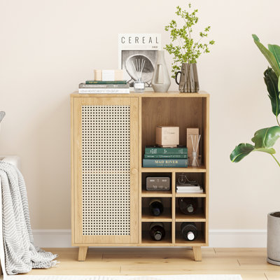 Armoire de bar à vin, buffet de 34 pouces pour la maison, grand espace de rangement pour 6 personnes, un espace fermé, deux tablettes ouvertes, porte à panneaux et armoire de décoration de salon convenable, rangement, espace