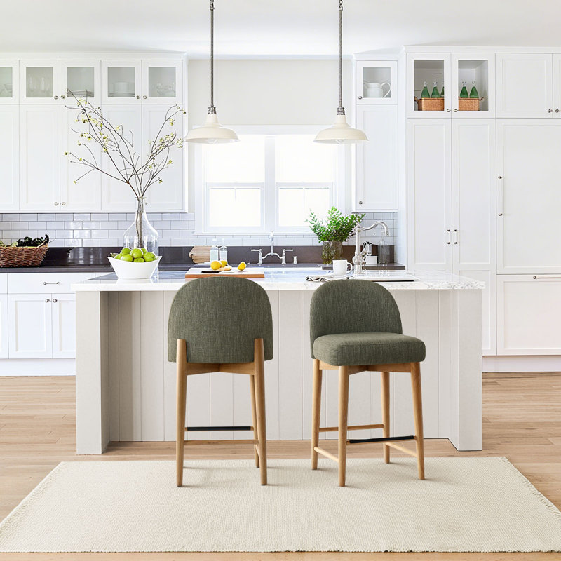 25.5" Solid Wood Counter Stools with Linen Curved Back, Green