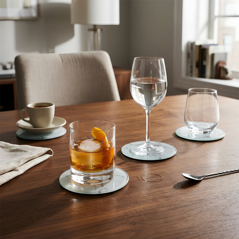 Harbour Housewares - 12pc Glass Placemats & Round Coasters Set - 30cm x 20cm - White Marble Effect