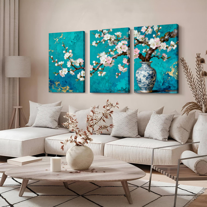 Ensemble de 3 tableaux sur toile représentant des branches de cerisier en fleurs et un vase bleu, H 30 po x l 60 po