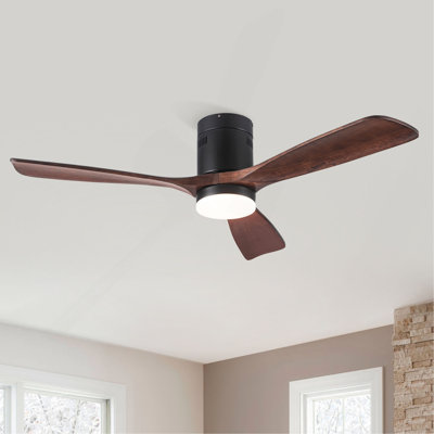 52 Inch Mordern Matte Black Farmhouse Retro Solid Wood Low Profile Flush Mount Intergrated LED Ceiling Fan With Light
