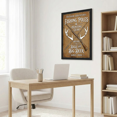 Fishing Poles And Hunting Gear Outdoor Adventures Canvas Wrapped Wall Art Oil Painting Print With Antlers And Crossed Rods Rustic Style For Cabin Or Lodge Decor