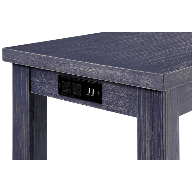 Ensemble de salle à manger rectangulaire bleu antique avec 3 tabourets rembourrés, garniture cloutée et prise de courant USB intégrée