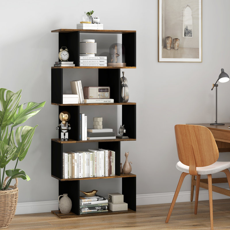Bibliothèque à 5 niveaux, bibliothèque étroite en forme de S, brun rustique