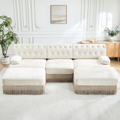 Canapé d'angle en velours respirant 3 places en forme de U avec boutons et franges à pompons, modulable, idéal pour réaménager votre salon (style beige) ou pour rajeunir votre chambre.