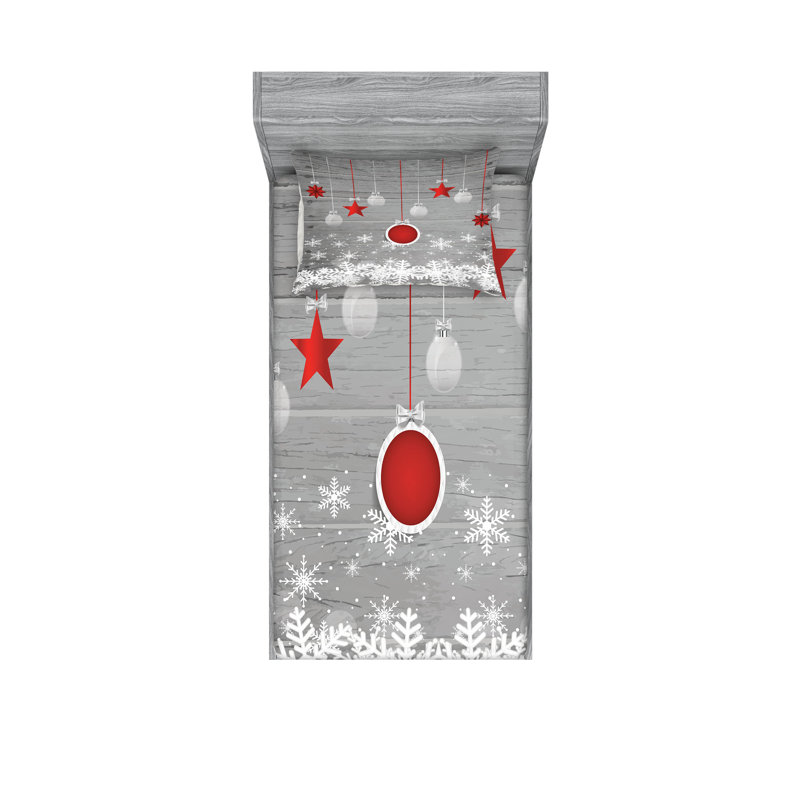 Ambesonne Christmas Fitted Sheet & Pillow Sham  Set,  Grey Red White, Twin Sheet Set with 2 Pillowcases