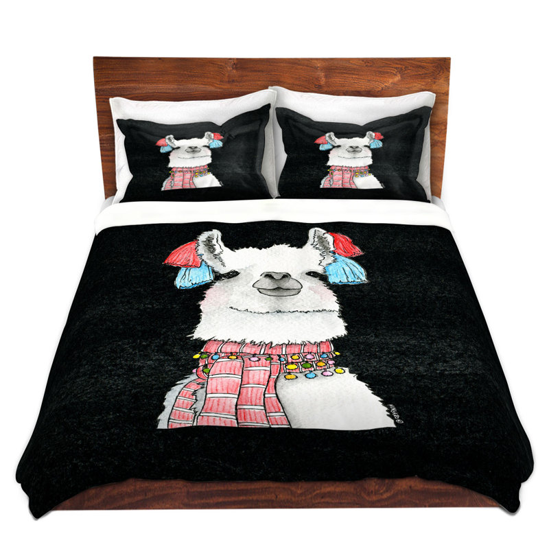 Ensemble de housse de couette écharpe llama, 1 housse + 2 taies très grand lit, Noir / Rouge / Blanc