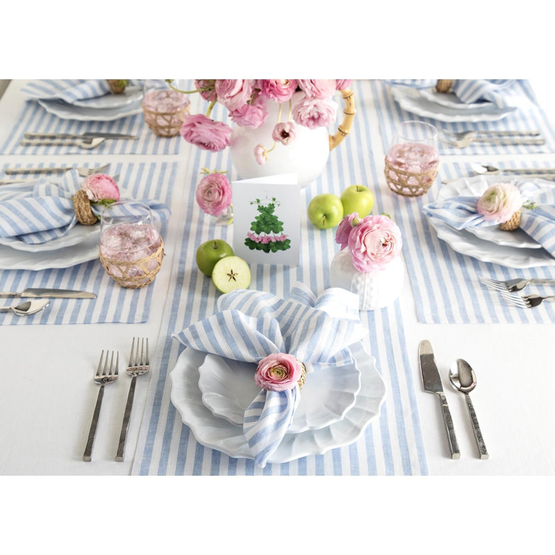 Amalfi Stripe - 100% Pure Linen Table Runner, Sky Blue/White, 132" x 14"