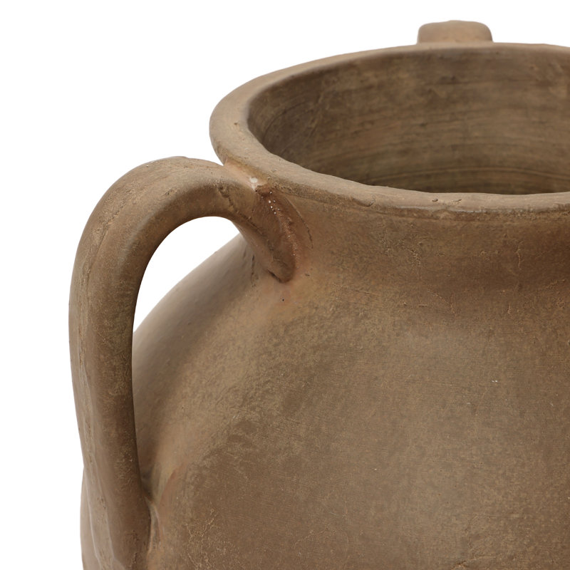 Vase rond rustique en terre cuite brun vieilli de 36,6 cm de hauteur avec trois anses