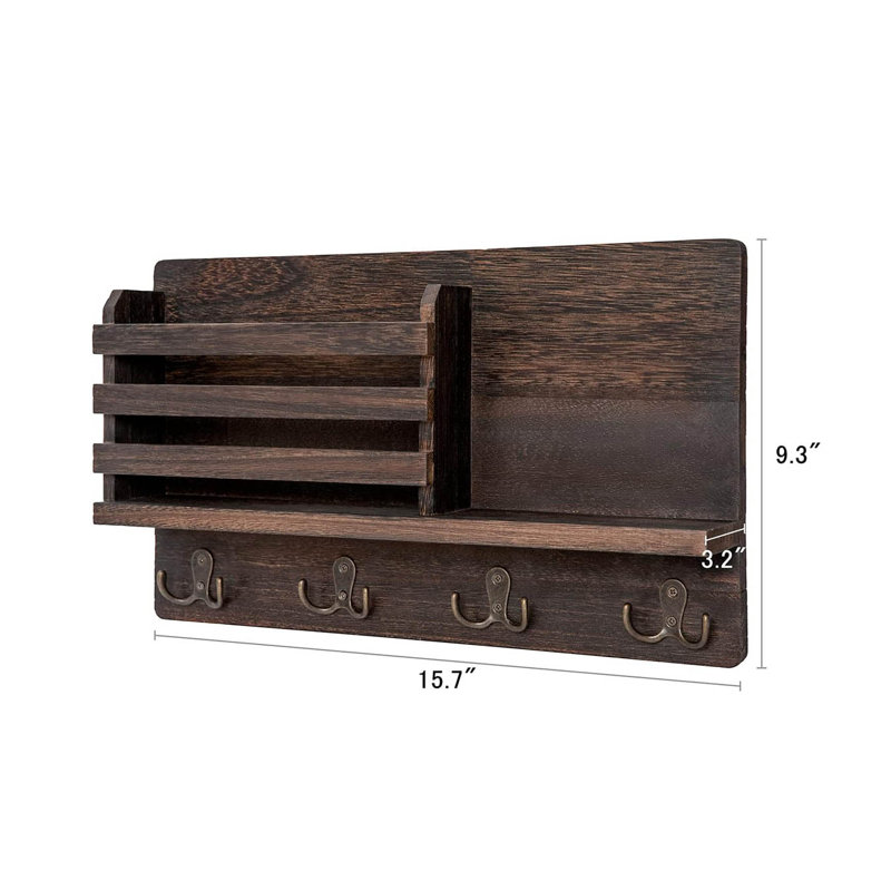Wood Wall Organizer with Key Hooks, Brown