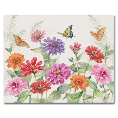 CounterArt Zinnias & Butterflies Tempered Glass Cutting Board 15" X 12"
