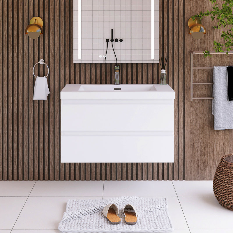 Meuble-lavabo mural simple 36 po avec plateau en résine Monja, Blanc