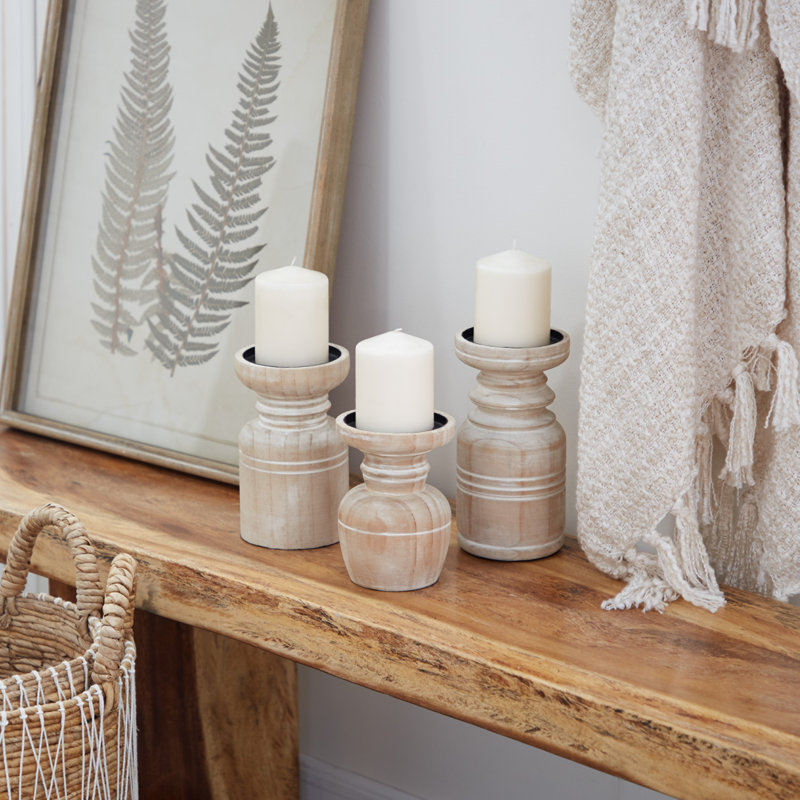 Wood Pillar Brown Decorative Candle Holder with White Wash Finish Set, Natural