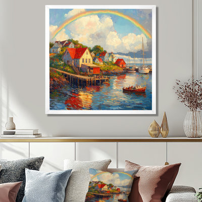 Allmar Coastal Rainbow Over The Fishing Village II - Rainbow Wall Art for Living Room