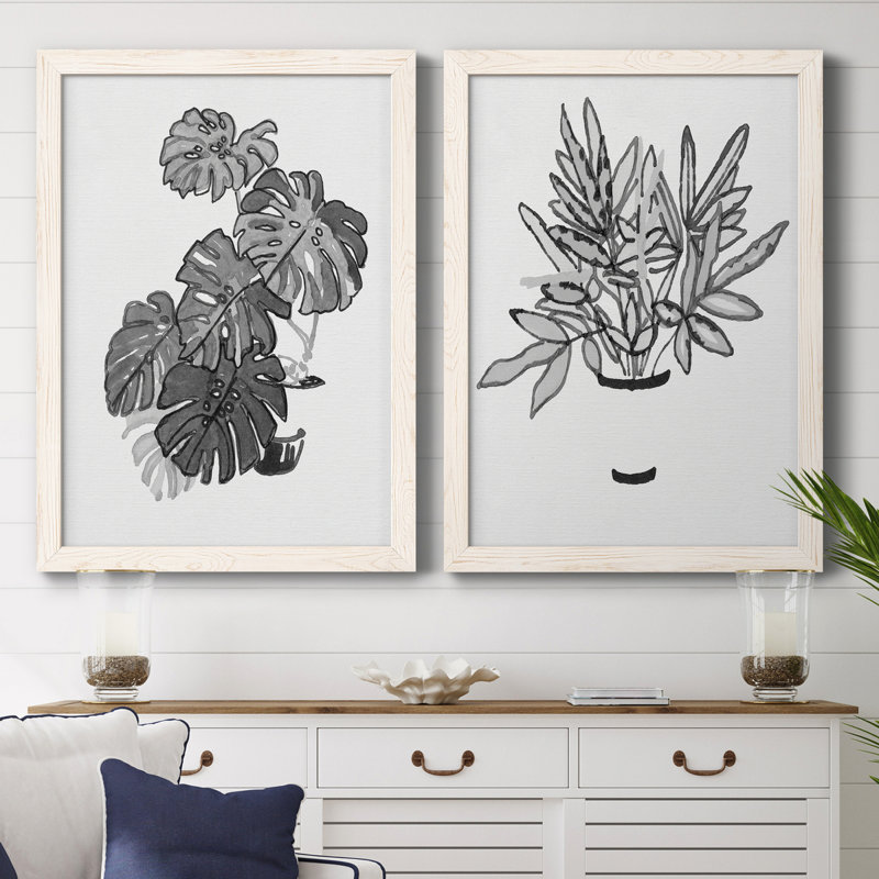 B and W d'intérieur plante III - ensemble de 2 reproductions d'art, Toile blanche encadrée, H 31,5 po x l 47 po x P 1,5 po