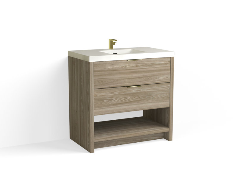 Vue 36" W Freestanding Single Bathroom Vanity, Glossy White/Single, Nimbus, Satin Brass