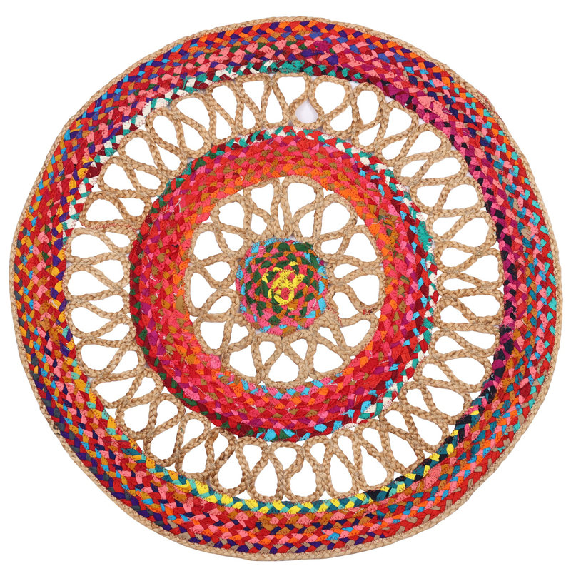 Firecracker Hand-Crafted Upcycled Cotton And Jute Round Meditation Mat With Jali