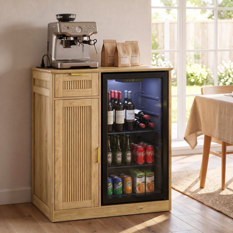 Meuble de mini-réfrigérateur de 84 cm de large avec prise électrique, buffet cannelé avec tiroirs, naturel, Bois naturel