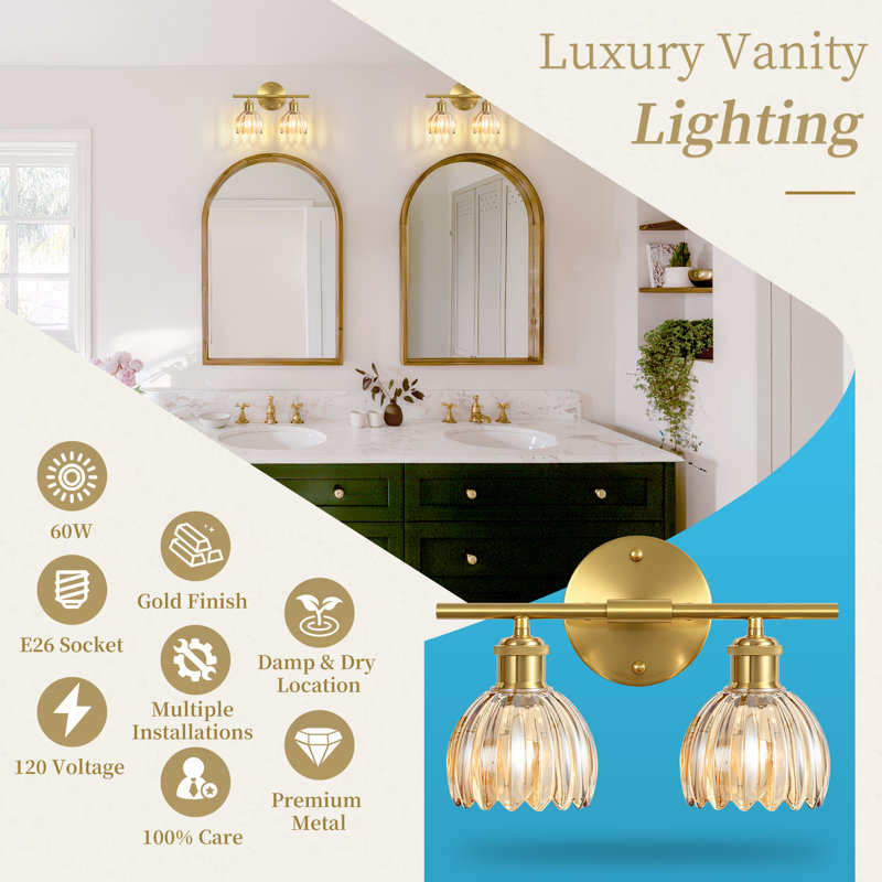 2-Light Vanity Light With Amber Tulip Glass Shades, Modern Bathroom Wall Lighting For Bedroom, Kitchen, Living Room, 2 Lights