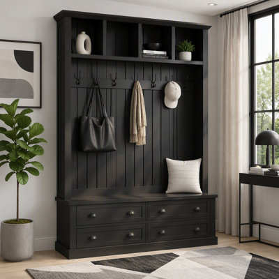 Farmhouse Hall Tree with 4 Drawers, Beadboard Coat Rack with 6 Hooks, Entryway Storage Bench with Shelves, Mudroom Organizer