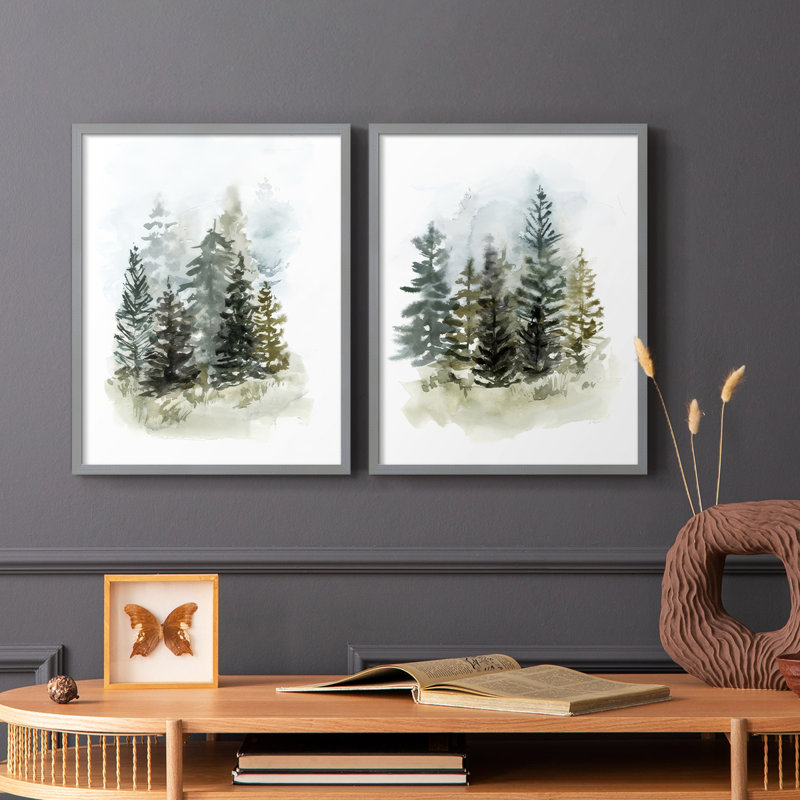 Impression encadrée Washy Treeline I-Premium - prête à être accrochée - aucun clou requis - aucun clou requis, Vert