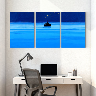 «Night Sea Boat Stars Calm Water Sky», ensemble de 3 impressions sur toile