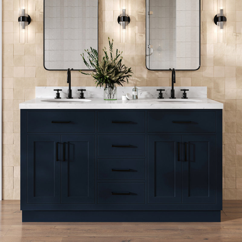 Meuble-lavabo double en bois massif Thornaby avec plateau en quartz Carrara de 1,5 po, Bleu minuit / noir mat, Ovale