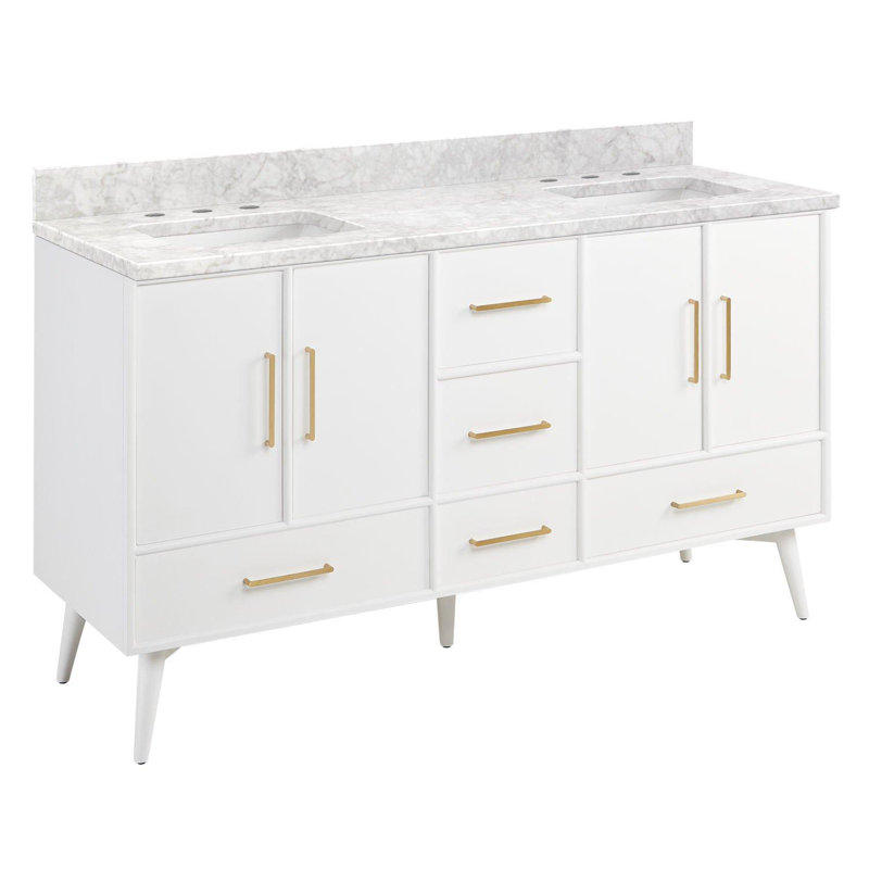 60" Novak Double Bathroom Vanity Set with Rectangular Undermount Sinks, White, Carrara Marble, 8" Widespread