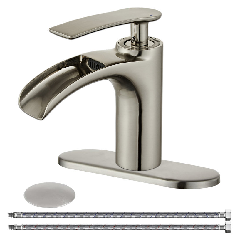 Robinet pour salle de bain à poignée simple avec plaque de pont et ensemble de drain, Nickel brossé