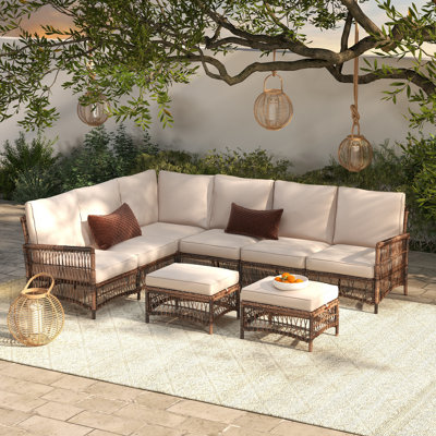Direnzo  98" Wide Outdoor 6 - Person Outdoor Wicker L-Shaped Patio Sectional with Cushions