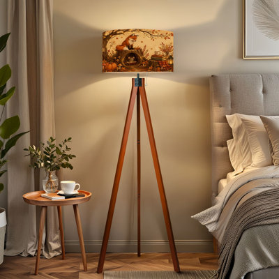  Tripod Standing Lamp Whimsical Woodland Scene Fox Mouse Autumn Leaves Remote Controlled Dimmable LED Floor Lamp with Beech Wood Legs & Detachable Linen Shade for Farmhouse Apartment Living Room and Bedroom