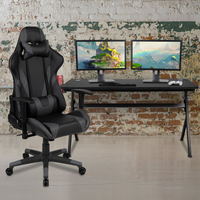 Gaming Desk and Reclining Gaming Chair Set with Cup Holder, Headphone Hook & Removable Mouse Pad Top