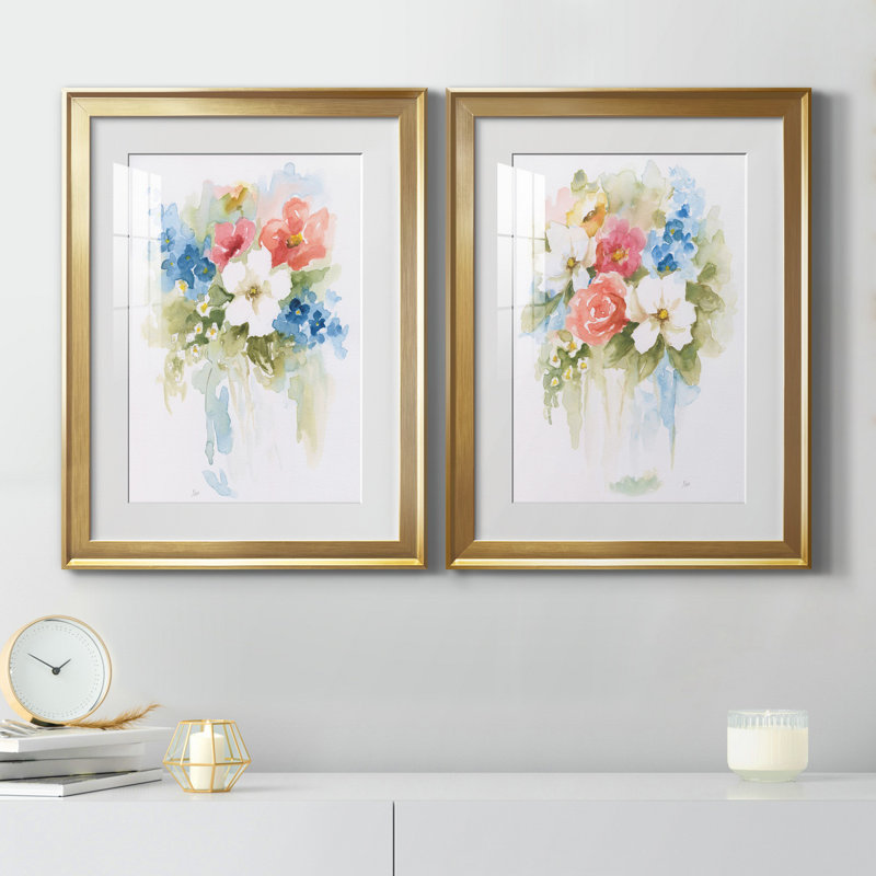 «Spring Medley I», ensemble de 2 reproductions d'art, Blanc, H 18,5 po x l 49 po x P 1,5 po, Papier encadré doré