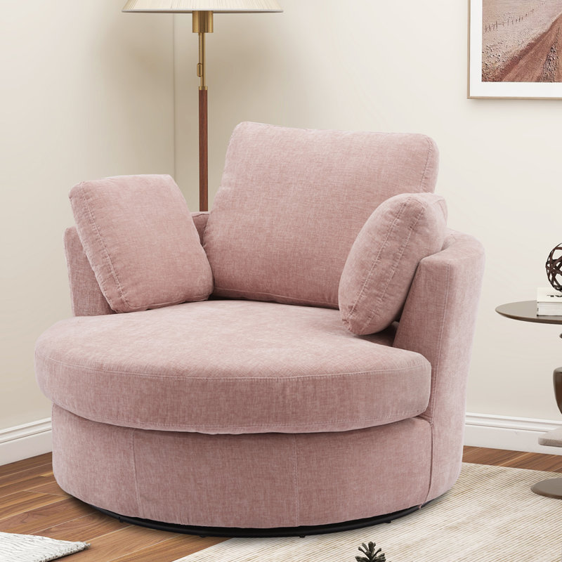 Achorn 42" W Recessed Arm Slipcovered Swivel Barrel Chair, Pink Chenille 1