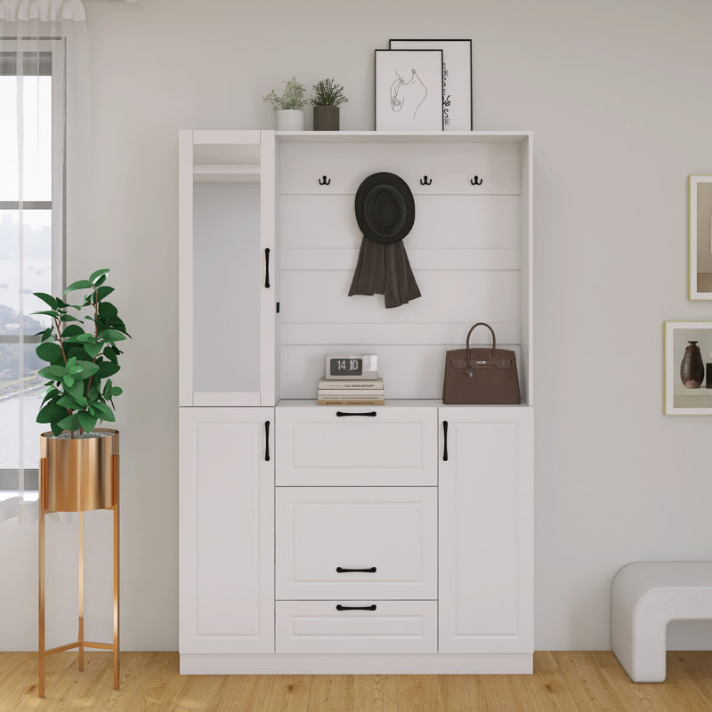 Banc d'entrée avec armoire à chaussures intégrée, design 3 en 1 et porte d'armoire en miroir, arbre d'entrée avec 4 crochets robustes et siège pliable