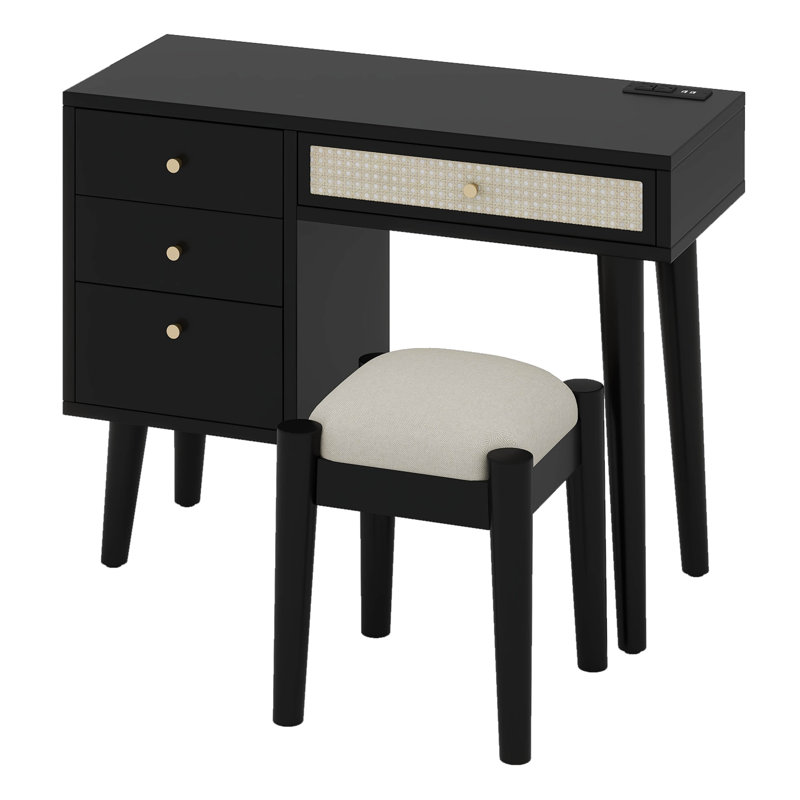 Ensemble coiffeuse 39 "en bois de style bohémien rétro avec tiroirs de rangement, Noir