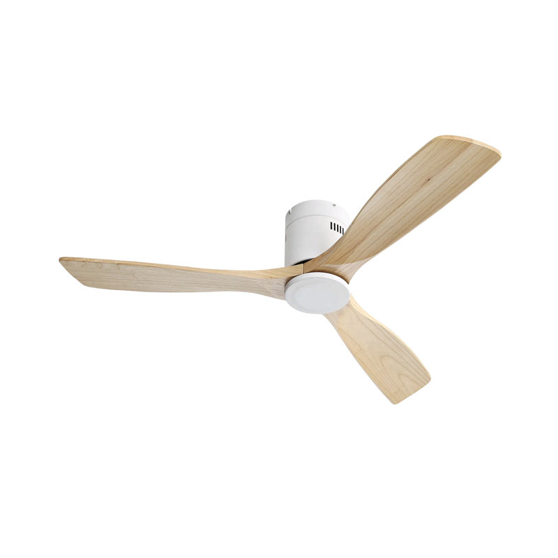 Indoor Wooden Ceiling Fan With 3 Solid Wood Blades Remote Control Reversible Dc Motor Without Light, Natural, Matte White