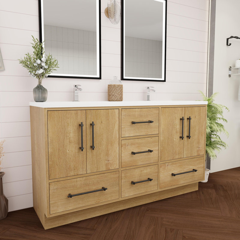 Victoria Oak Finish Double Freestanding Bathroom Vanity with Acrylic Top