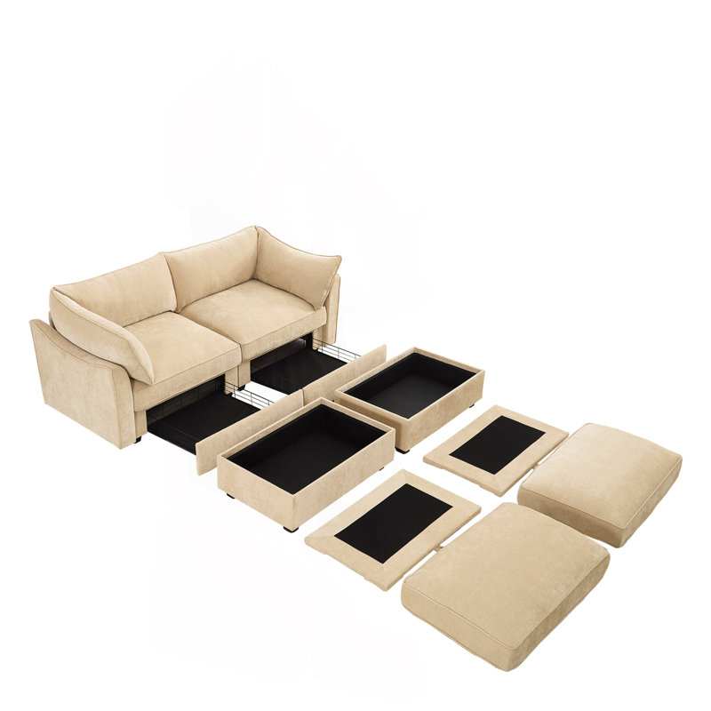 Canapé 2 places avec 2 repose-pieds et tiroir de rangement coulissant sous chaque siège, canapé 2 places avec 2 repose-pieds mobiles, tissu chenille couleur blé