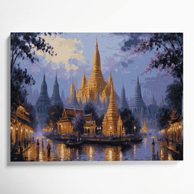 Art mural sur toile brun avec cités, villes, Rangoon, H 11 po x l 14 po