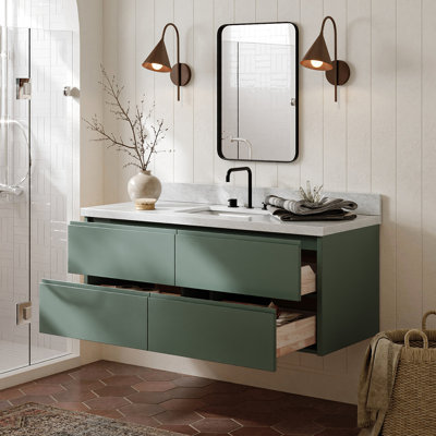   Setsuko 55 Inch Wall-Mounted Single Rectangle Sink Bathroom Vanity with Carrara White Marble Countertop 1.5 Inch in Vintage Green